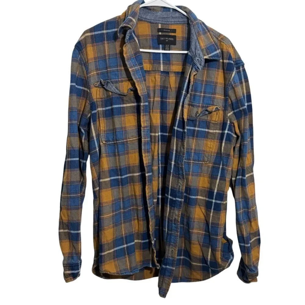 True Religion Jacquard Gold & Blue Button Down Plaid Flannel Shirt